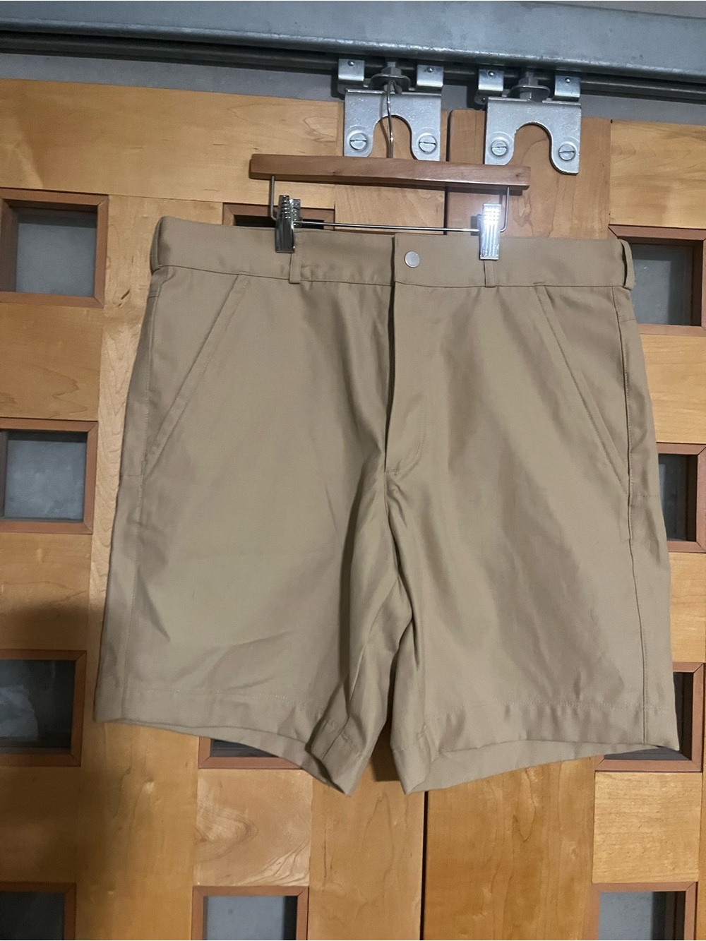 Icebreaker Merino Blend Beige Shorts with Orange Piping, Measure 32”